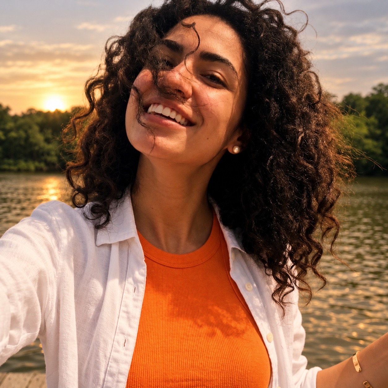 Luanna De Lacerda sorrindo ao ar livre, à beira de um lago no pôr do sol.